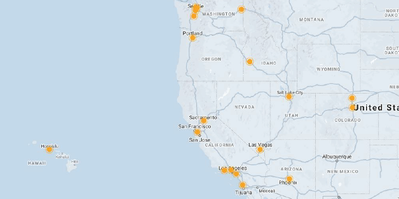 mapa de las ubicaciones de servicios de impermeabilización de beacon